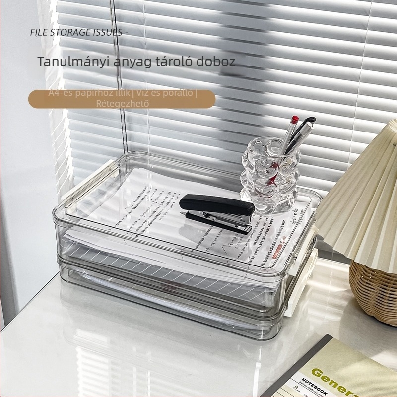 PET műanyag asztali dokumentumtároló doboz, átlátszó, rakásolható, 1 L kapacitás