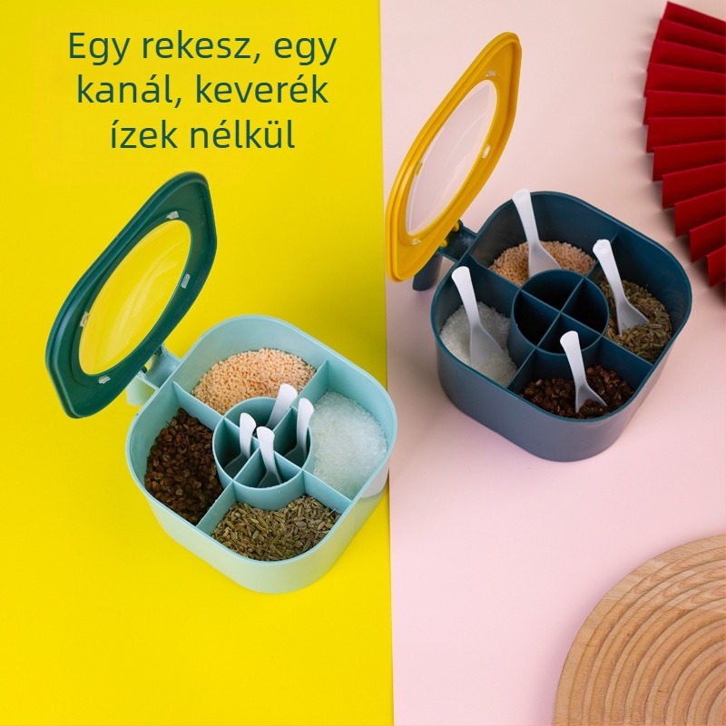Műanyag átlátszó négyrekeszes fűszertartó fedővel
