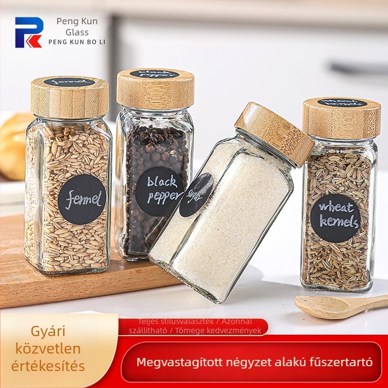 Négyzet alakú üveg fűszer-tartók fa fedéllel – sóhoz, borshoz és grillfűszerekhez