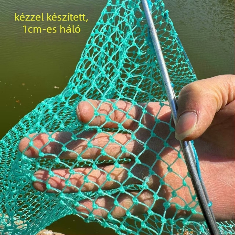 Fából készült nyélű, kétszárnyú, tömör halászháló finom szemekkel; Anyaga: vasrúd, Ø 28–40 cm, mélység 22–60 cm, teherbírás 5–30; akvakultúrához és tengeri finomságokhoz (hal és garnéla)