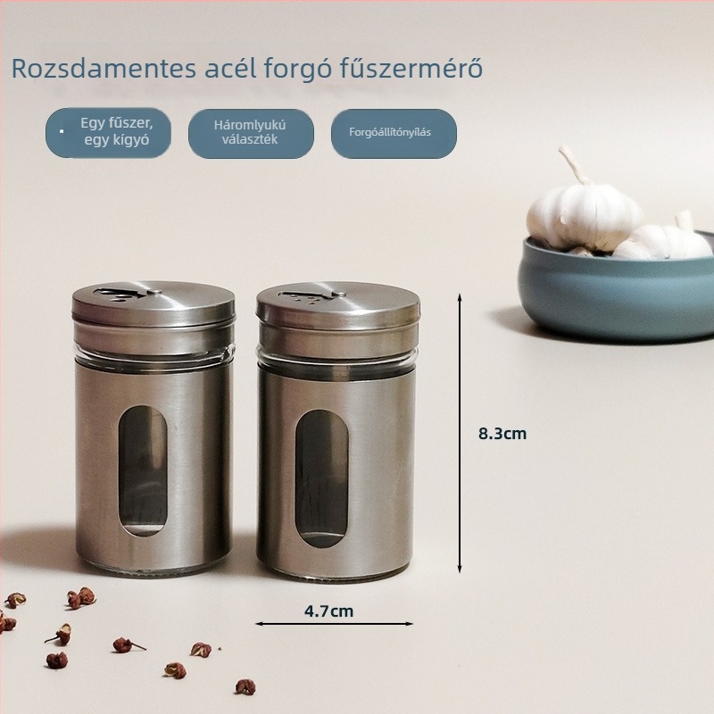 Kerek, átlátszó üveg fűszertartó forgatható fedéllel — só, bors és fűszerek tárolására, konyhai használatra