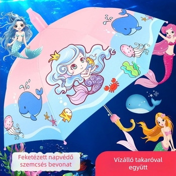 Gyerekeknek készült esernyő a napsütésre és esőre, vinil bevonat anyag, UPF 50+, 8 bordás váz, kézi nyitás-zárás, cartoon stílus