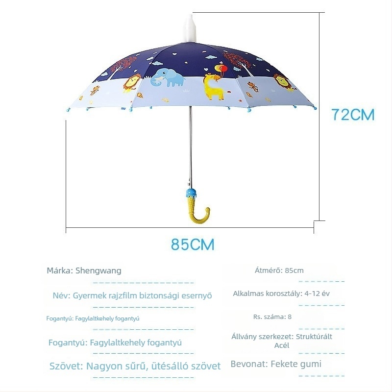 Gyerekeknek készült esernyő a napsütésre és esőre, vinil bevonat anyag, UPF 50+, 8 bordás váz, kézi nyitás-zárás, cartoon stílus