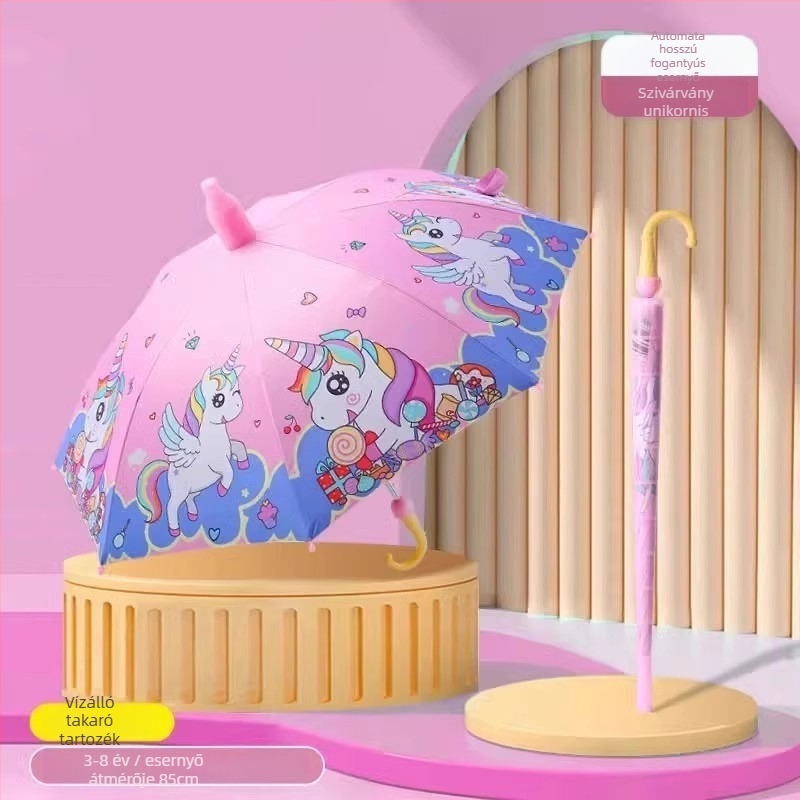 Gyerekeknek készült esernyő a napsütésre és esőre, vinil bevonat anyag, UPF 50+, 8 bordás váz, kézi nyitás-zárás, cartoon stílus