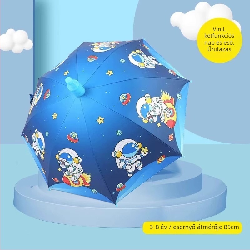 Gyerekeknek készült esernyő a napsütésre és esőre, vinil bevonat anyag, UPF 50+, 8 bordás váz, kézi nyitás-zárás, cartoon stílus