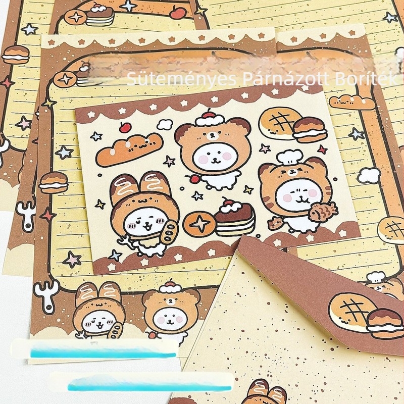 Medve témájú levélpapír kenyérsütő szakács motívummal és nyugati stílusú borítékkal; anyag: papír; logó nélkül; személyre szabás nélkül
