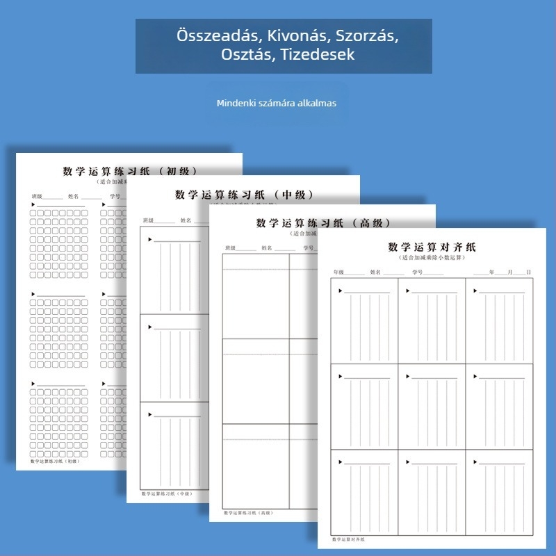 Általános iskolások matematikai műveletek gyakorlólap, számok igazítására, vastag vázlatpapír, ablakkal ellátott boríték, 5×24-es rács