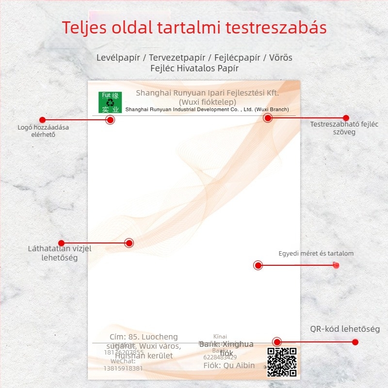 Logónyomtatással készített testreszabott levélpapír — Anyag: offset- és írópapír; Modell: Testreszabott; Stílus: Levélpapír testreszabása; Termékkód: 658; Logónyomtatás: elérhető