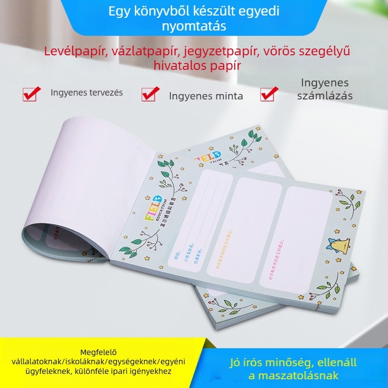 Logónyomtatással készített testreszabott levélpapír — Anyag: offset- és írópapír; Modell: Testreszabott; Stílus: Levélpapír testreszabása; Termékkód: 658; Logónyomtatás: elérhető