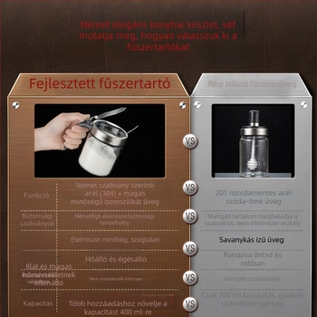 Konyhai üveges fűszertartó — nedvességálló, alkalmas szilárd fűszerekhez, anyagok: austenit rozsdamentes acél, ABS, üveg