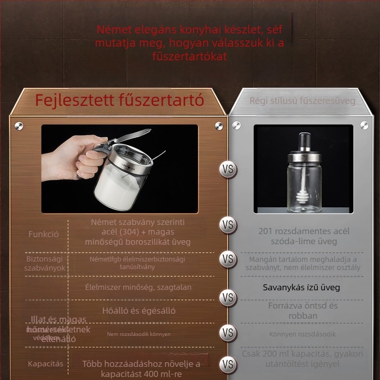 Konyhai üveges fűszertartó — nedvességálló, alkalmas szilárd fűszerekhez, anyagok: austenit rozsdamentes acél, ABS, üveg