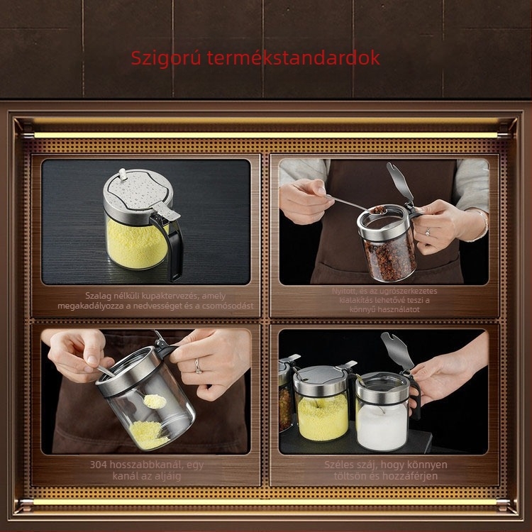 Konyhai üveges fűszertartó — nedvességálló, alkalmas szilárd fűszerekhez, anyagok: austenit rozsdamentes acél, ABS, üveg