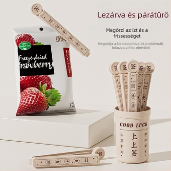 Mágneses záró klipsz élelmiszer-minőségű műanyag tasakokhoz, nedvességálló és frissesség megőrző; alkalmas lezárására tejpor és banános rágcsálnivalók esetén; logó nyomtatás elérhető; 1 doboz 6 darabbal