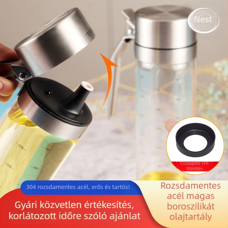 Üveg olajtartó kanna rozsdamentes acél adagolófejjel, nagy kapacitás, automata nyitás-zárás (I nest; üveg; automata nyitás-zárás)