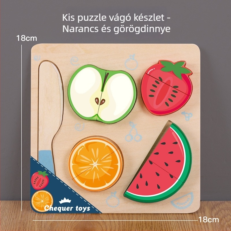 Fából készült mágneses puzzle tábla gyümölcsök és zöldségek felvágásához – gyerekeknek 4–6 éveseknek