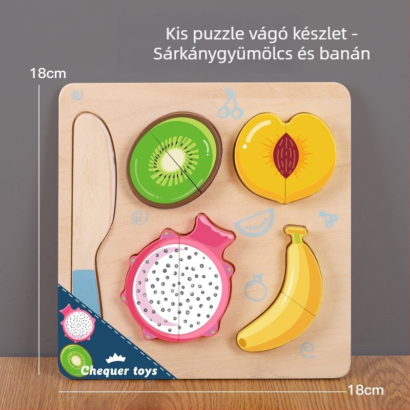Fából készült mágneses puzzle tábla gyümölcsök és zöldségek felvágásához – gyerekeknek 4–6 éveseknek