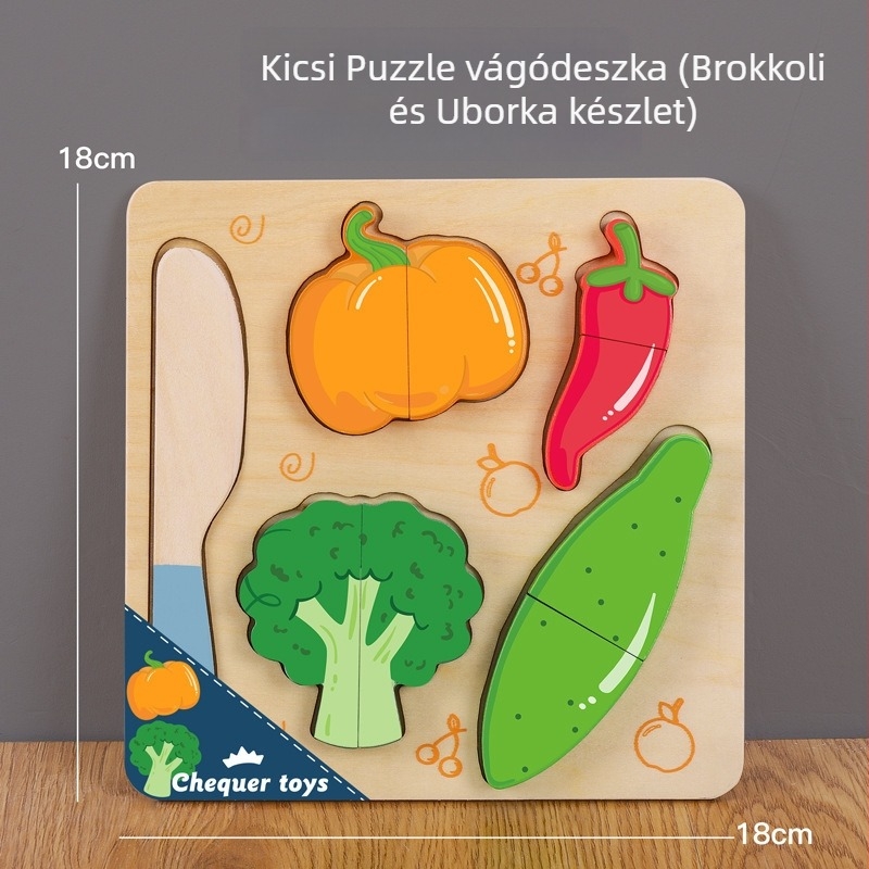 Fából készült mágneses puzzle tábla gyümölcsök és zöldségek felvágásához – gyerekeknek 4–6 éveseknek