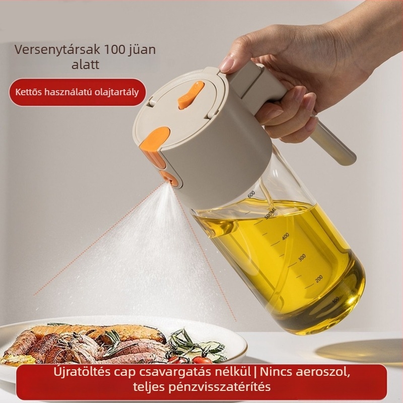 Olajtartó flakon kétfunkciós permetező és öntő funkcióval — ólommentes üveg, automata nyitás-zárás, logónyomtatás, modern minimalista dizájn