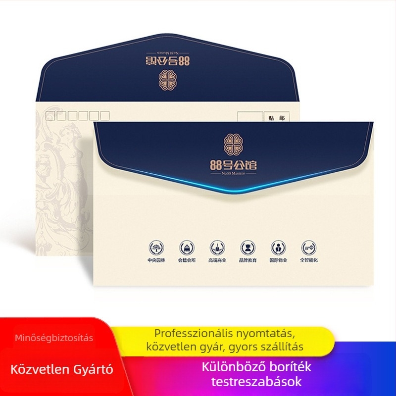 Logo nyomtatással és testreszabással ellátott boríték (Anyagok: fehér karton, bevont papír, sárga kraft papír, offset papír; Modell: No. 6/ZL; Stílus: kínai boríték; Logó nyomtatás: Igen; Testreszabás: Igen)
