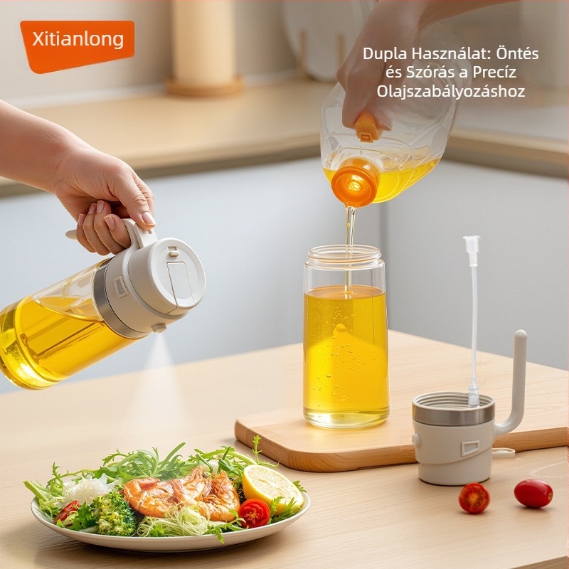 Kétfunkciós permetező olajat tartó üveg a konyhába; szivárgásmentes üveg, önt olajat, permetez olajat és alkalmas szószokra és fűszerekre.