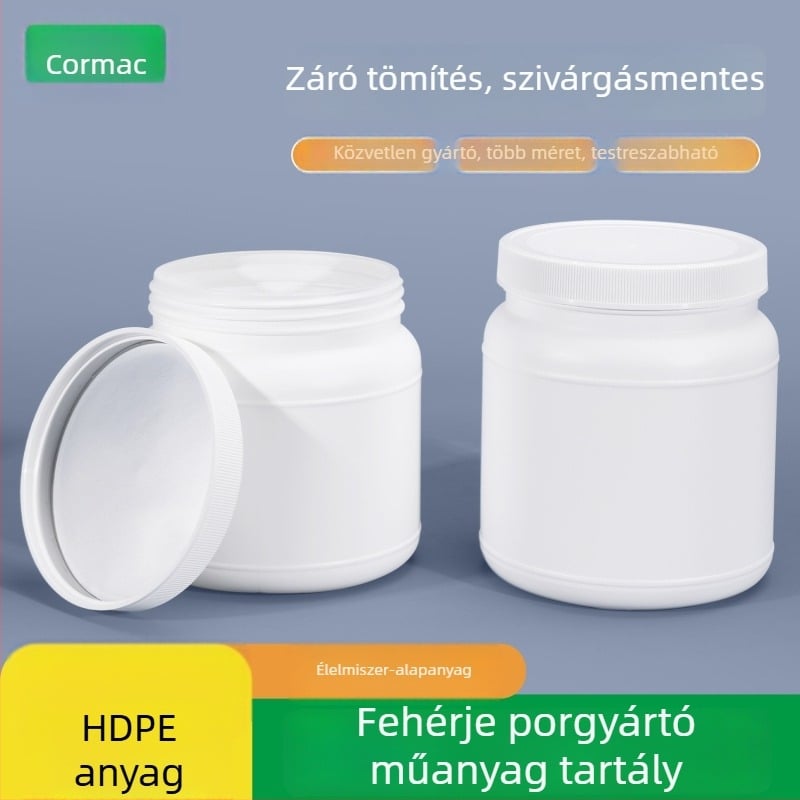 Fehérje por tároló tartály, HDPE műanyag, csavaros zárású, széles nyílású, 1250 ml / 1100 ml kapacitás