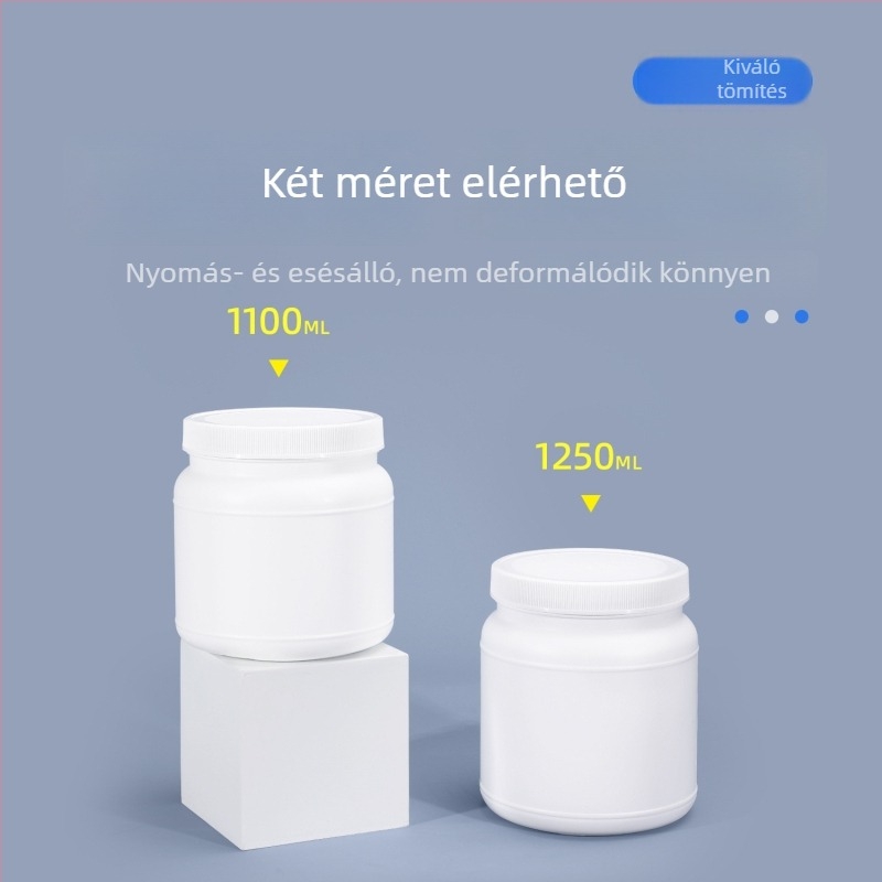 Fehérje por tároló tartály, HDPE műanyag, csavaros zárású, széles nyílású, 1250 ml / 1100 ml kapacitás