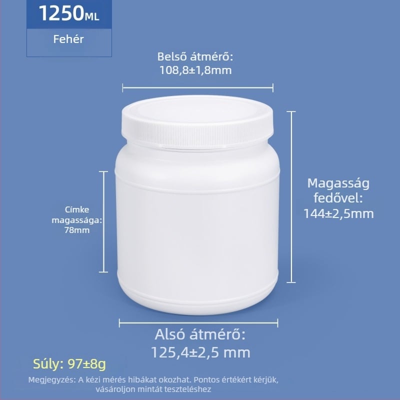 Fehérje por tároló tartály, HDPE műanyag, csavaros zárású, széles nyílású, 1250 ml / 1100 ml kapacitás