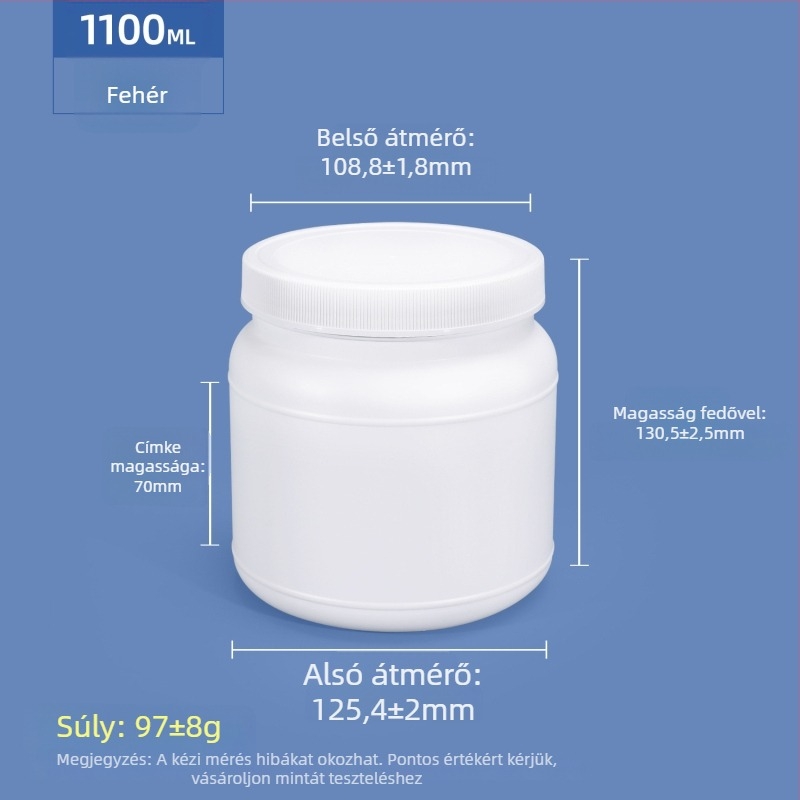 Fehérje por tároló tartály, HDPE műanyag, csavaros zárású, széles nyílású, 1250 ml / 1100 ml kapacitás