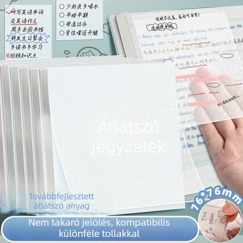 Áttetsző ragasztós jegyzetek matt felülettel, gyorsan száradó, vízálló, ragadós, magas átlátszóságú gyöngyházpapír, téphető és írható diákok számára