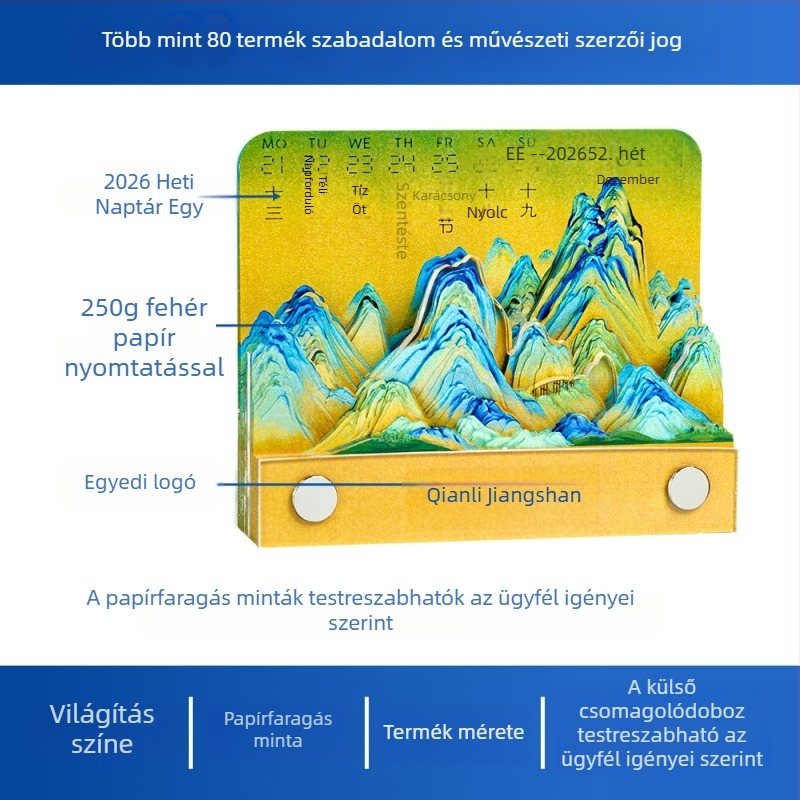 2026-os papírszobrászatú naptár 3D jegyzetekkel és heti oldalakkal