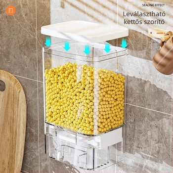 Rizstároló tartály zárható fedővel; nedvesség- és rovarbiztos; PET műanyag; 5–6 literes kapacitás; modern dizájn