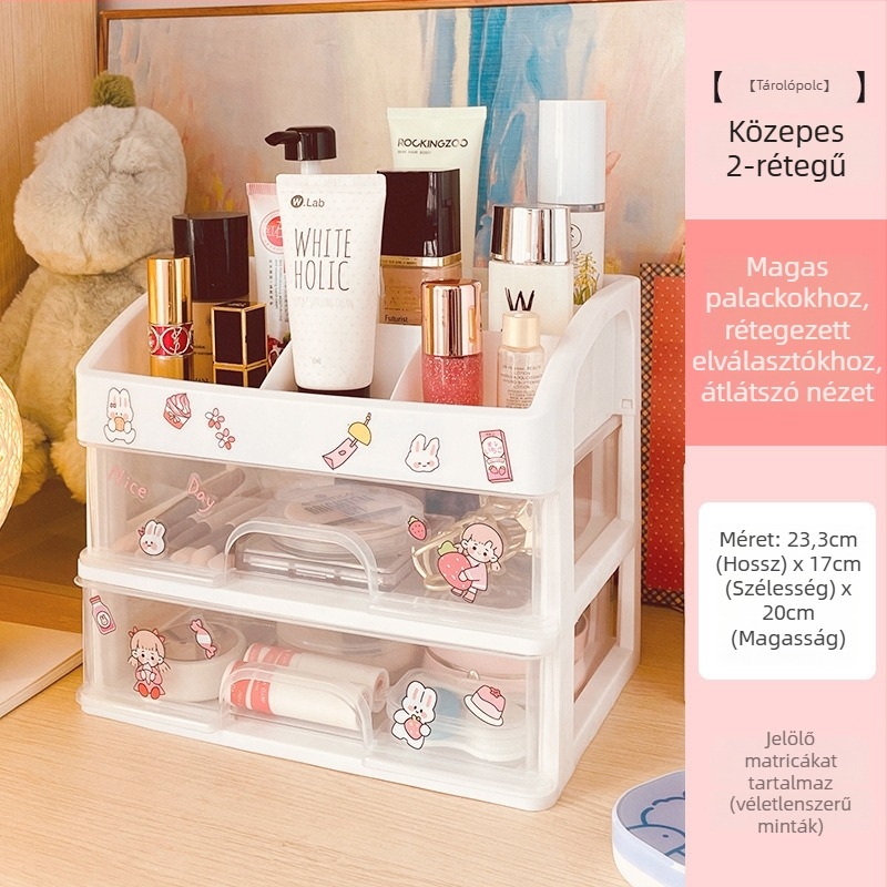 Átlátszó fiókos asztali sminktároló, 2 L kapacitás, PP műanyag, modern minimalist szervező