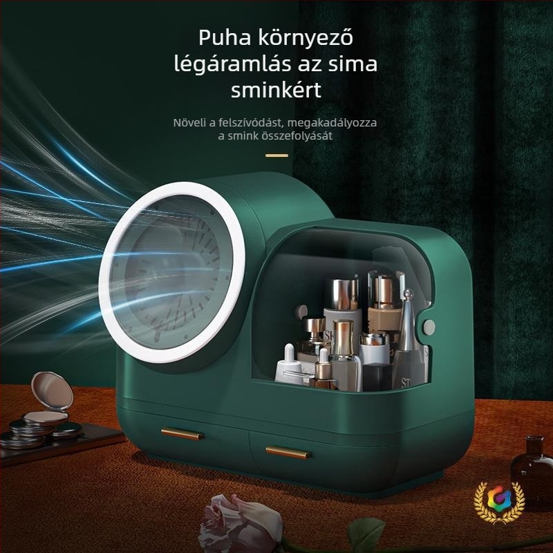 Asztali smink- és bőrápolási szervező LED-tükrövel és beépített ventilátorral, műanyag házzal, testreszabható logó