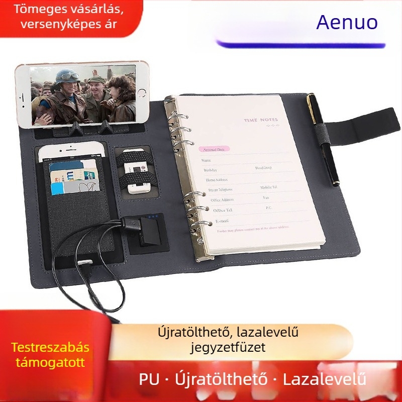 A5-ös vezeték nélküli töltésű jegyzetfüzet beépített 6000mAh akkumulátorral, oldalas kötés, Dowling papír, üzleti konferenciás jegyzetfüzet