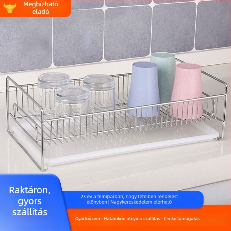 Rozsdamentes acél leeresztőállvány víztálcával – konyhai edények, üvegek és poharak leeresztésére