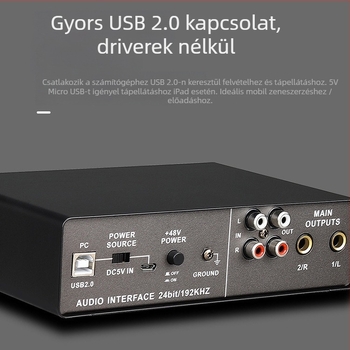 Wadeland 192 kHz külső USB audió interfész, 2 bemenet / 2 kimenet felvételre és élő közvetítéshez