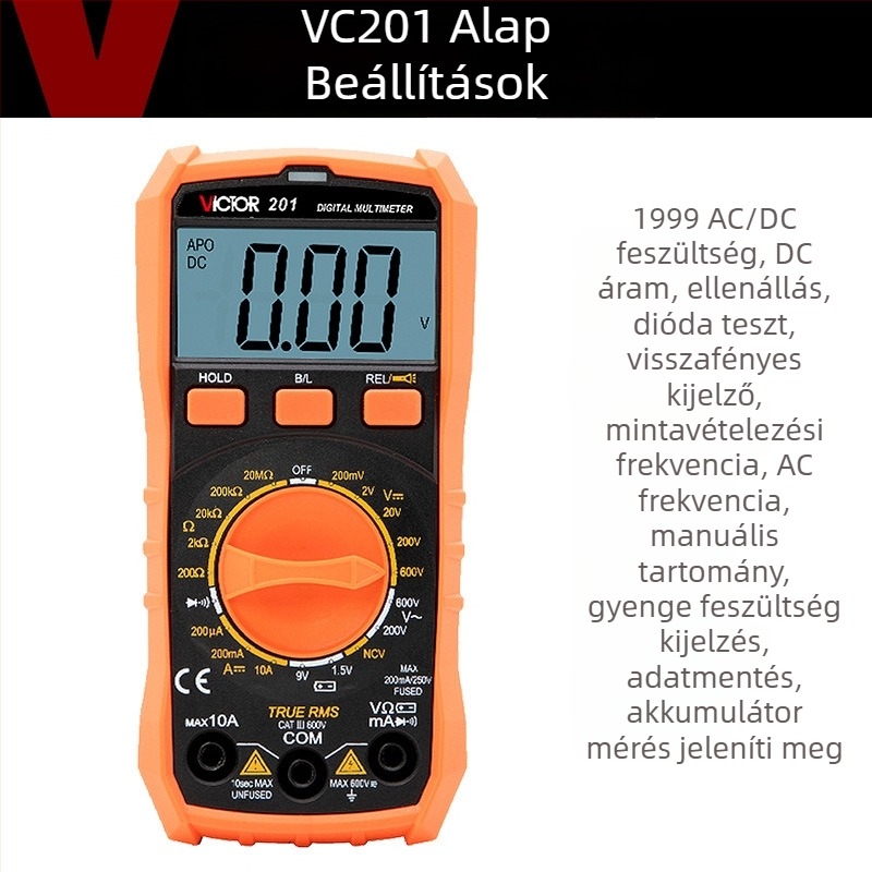 VC201 Digitális multiméter égés elleni védelemmel, Többfunkciós, Manuális méréstartomány, Elektrikusok számára