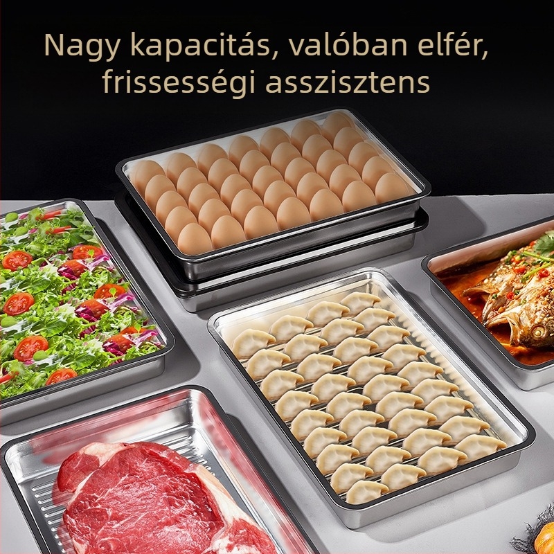 Rozsdamentes acélból készült hűtő tárolóedény, nagy kapacitás, porvédett fedél