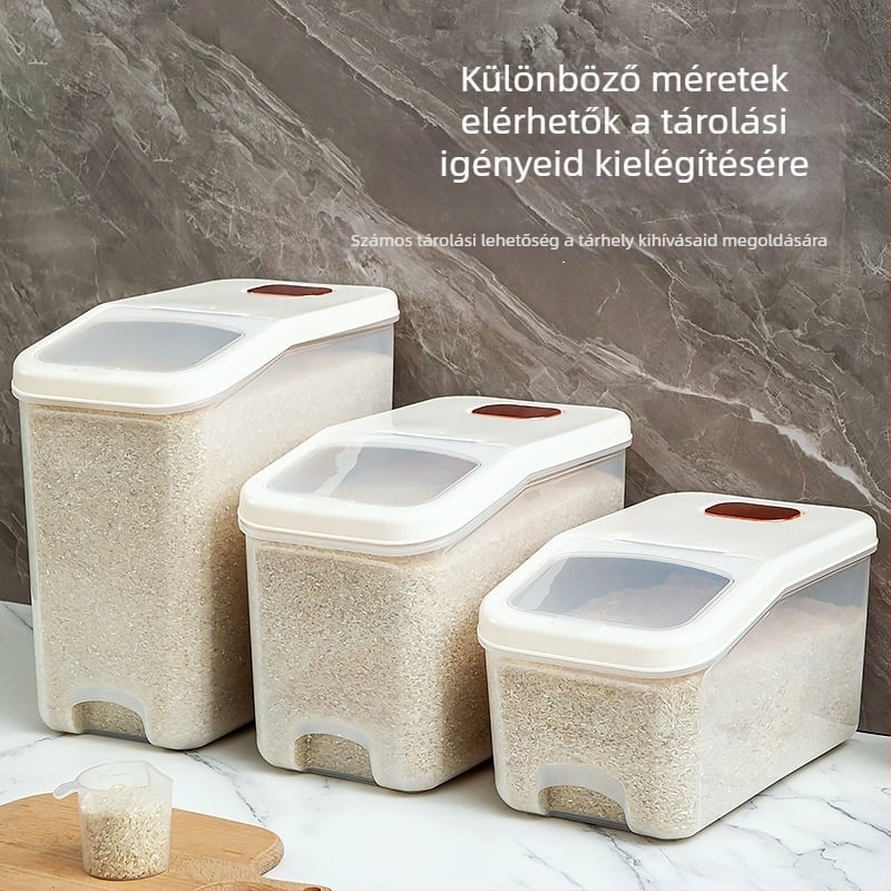 Műanyag rizstároló doboz – zárt, nedvességálló és kártevő-mentes, tolható/nyomható fedéllel, 9–10 L kapacitás, származás Jieyang