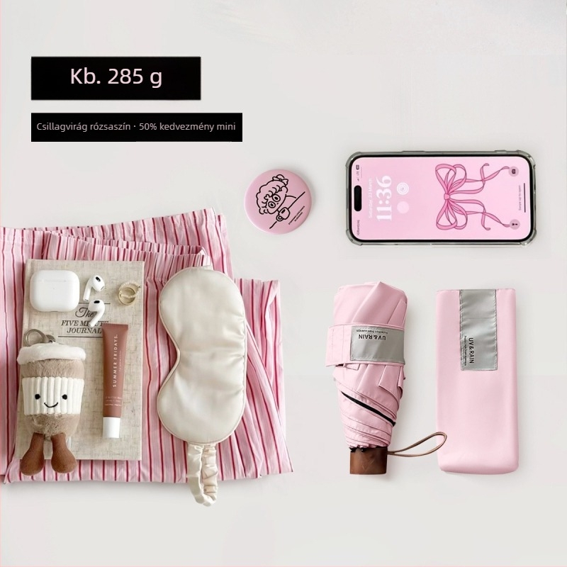 Összecsukható esernyő hajlított kampóval, vinil bevonatú poliészter, 8 acél borda, UPF 50+