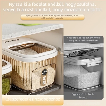 Rizstároló vödör, tömítéssel, nedvesség- és rovarálló, PP anyag, kapacitás 10 L vagy nagyobb.