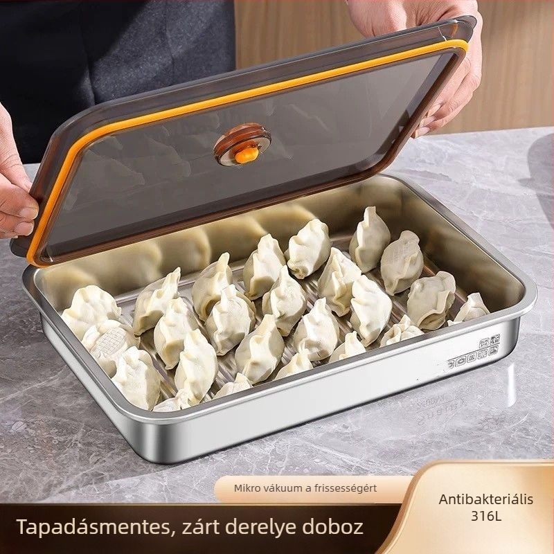 Élelmiszer-minőségű 304 rozsdamentes acél dumpling-tál, otthoni használatra; téglalap alakú, egy rétegű, 2,1–3 L kapacitás; ideális wontonok és dumplingok fagyasztására a hűtőben; szorosan záródó.