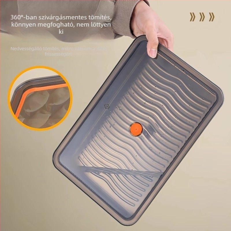 Élelmiszer-minőségű 304 rozsdamentes acél dumpling-tál, otthoni használatra; téglalap alakú, egy rétegű, 2,1–3 L kapacitás; ideális wontonok és dumplingok fagyasztására a hűtőben; szorosan záródó.