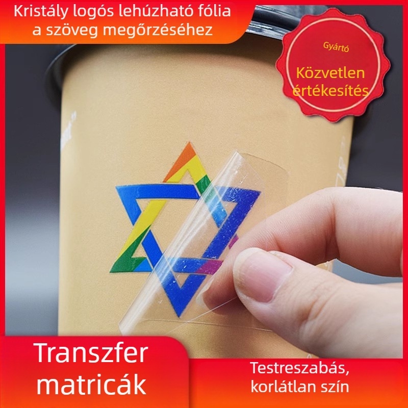 UV-transzfer kristálycímke – egyedi logó, tamponnyomtatás, lehúzható film felirattal, forró fólia nyomtatás, levehető címke, vízálló