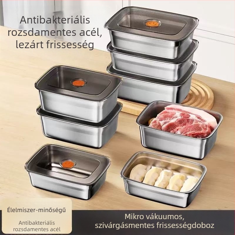 Élelmiszer-minőségű rozsdamentes acél, zárható fedéllel, téglalap alakú frissen tartó doboz (1–2 L)