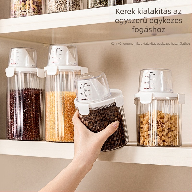 Élelmiszerminőségű műanyag zárható tárolóedény a konyhába — nedvesség- és kártevő-ellenálló, kör alakú, 1–2 L kapacitás, rizs, liszt, keményítő és gabonák tárolására