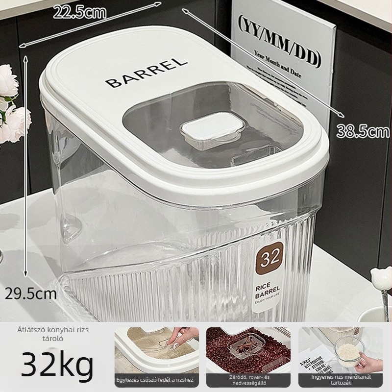 Rizstároló kanna ABS műanyagból, élelmiszer-minőségű, kapacitás 10 L felett, nedvességálló és rovarbiztos, vákuumzárás
