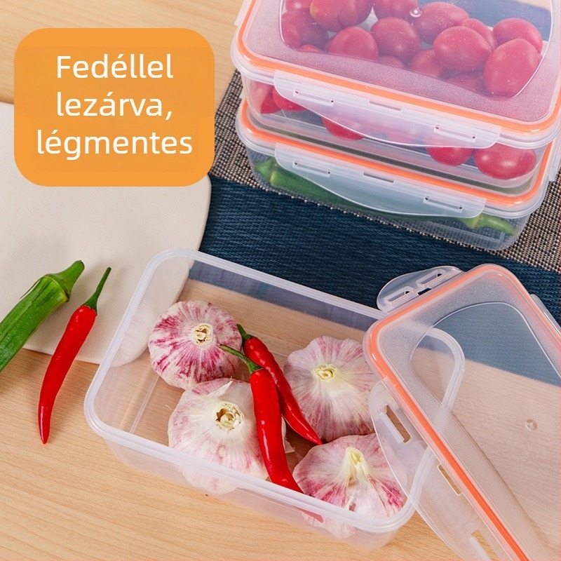 Téglalap alakú, mikrohullámú sütőben használható műanyag ételtároló doboz, zárható fedéllel, élelmiszer- és gyümölcsök tárolására