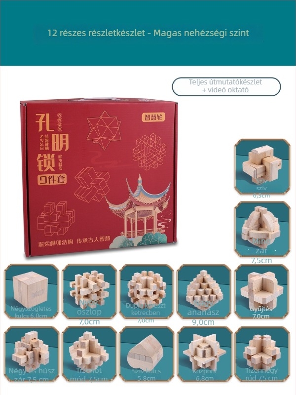 Wisdom Wheel Bükkfa Kong Ming Lock fából készült puzzle, 36 darabos készlet, 7–14 éveseknek, csomagolás: doboz