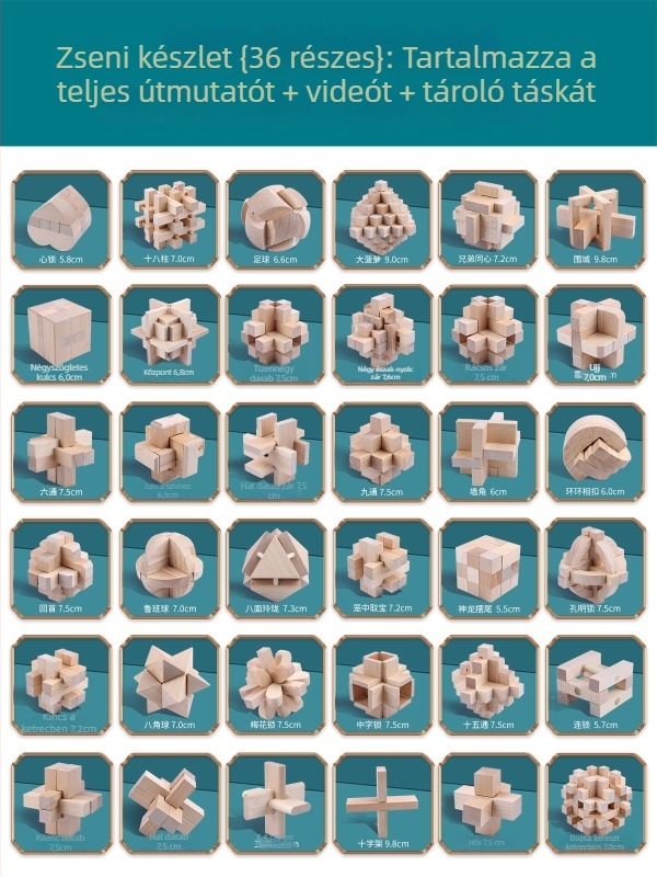 Wisdom Wheel Bükkfa Kong Ming Lock fából készült puzzle, 36 darabos készlet, 7–14 éveseknek, csomagolás: doboz
